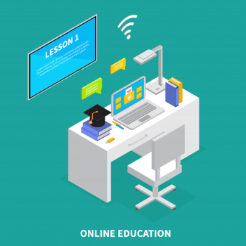 Online education concept with lessons and exams symbols isometric   illustration Free Vector