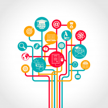 Online education tree concept with e-learning training resources icons vector illustration Free Vector