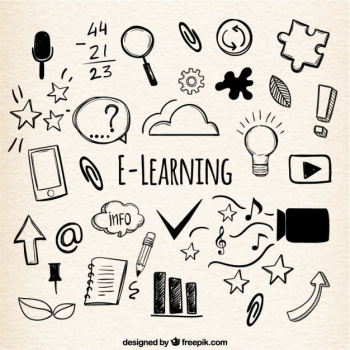 Online learning background with variety of hand-drawn items