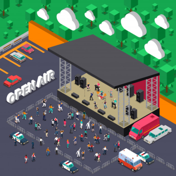 Open air music concert isometric  with rock band on stage and dancing youth in viewers zone Free Vector