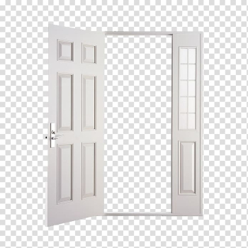 Open white wooden 6-panel door with sidelight, Door, White open door transparent background PNG clipart