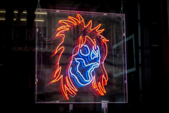 orange hair and blue skull neon light illustration orange hair and blue skull neon light illustration