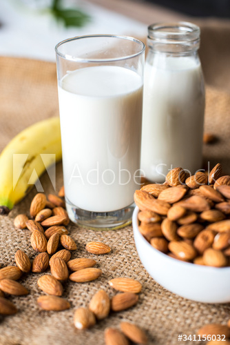 Organic almond milk and almonds Organic almond milk and almonds