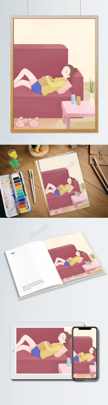 Original Illustration Yellow Red Sofa Holding A Girl With A Cat ...