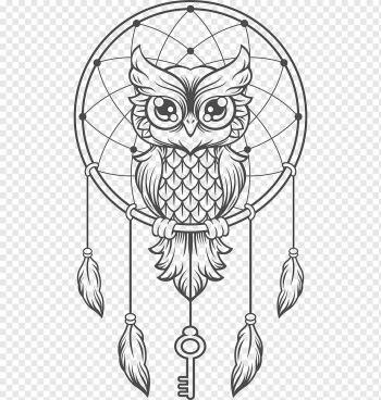 owl dream catcher, Dreamcatcher Owl Creative Haven Creative Kittens Coloring Book Illustration, Dreamcatcher Owl, watercolor Painting, branch, monochrome png