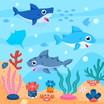 Pack of baby sharks in the ocean illustrated Free Vector Pack of baby sharks in the ocean illustrated Free Vector