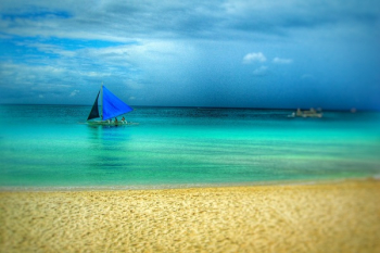 Painting of Blue Boat on Beach Painting of Blue Boat on Beach