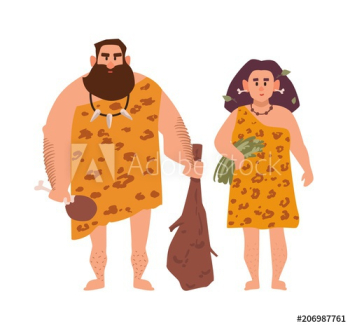 Pair of primitive archaic man and woman dressed in fur clothes and standing together