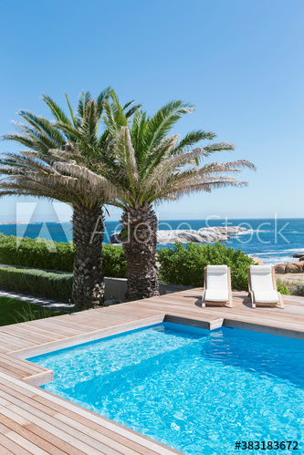 Palm trees and sunny swimming pool with ocean view Palm trees and sunny swimming pool with ocean view