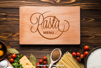 Pasta mockup with wooden board