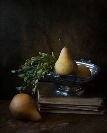 Peaches on Footed Bowl over Book Peaches on Footed Bowl over Book