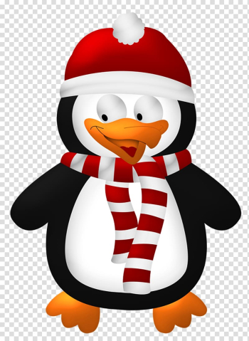 Penguin wearing red and white scarf cartoon character, Penguin Christmas Bird , Cute Christmas Penguin transparent background PNG clipart