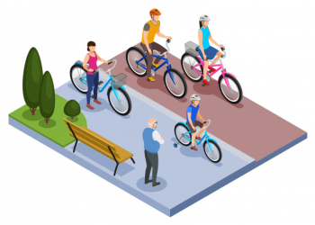People and bicycle isometric composition with family riding bicycles in city park vector illustration Free Vector