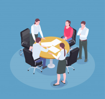 People brainstorming at meeting in advertising agency office isometric composition 3d Free Vector