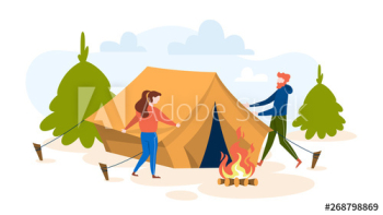People standing at the camping tent People standing at the camping tent