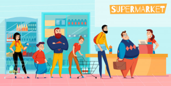 People standing in long supermarket queue lining up waiting checkout customer service horizontal flat composition  illustration Free Vector