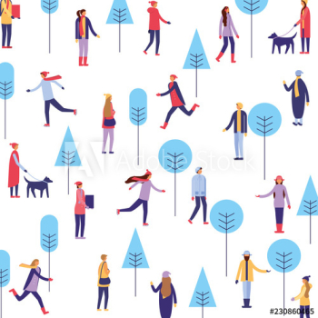 people winter season with gift trees background people winter season with gift trees background