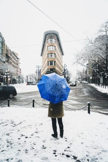 person holding blue umbrella