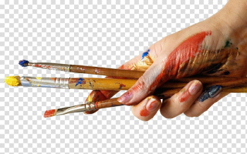 Person holding used paintbrushes, Oil painting Paintbrush Color, Brush Pen transparent background PNG clipart