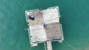 Person Lying on Brown Wooden Platform on Body of Water Person Lying on Brown Wooden Platform on Body of Water