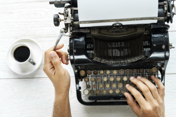 Person Typing Using Typewriter Person Typing Using Typewriter