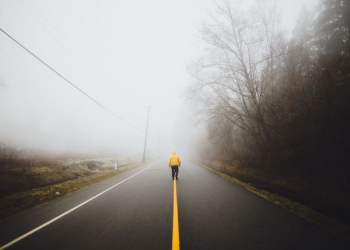 person wearing yellow jacket walking on empty road person wearing yellow jacket walking on empty road