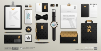 Personal Branding Identity Stationery Mockup set with Golden Crown logo. Luxury style Mockup set of Corporate Brand Identity Men's shop. Business mockup of gold crown logo on black background