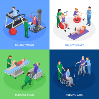 Physiotherapy rehabilitation 4 isometric compostiion with nursing care massage treatment strength balance exercises Free Vector