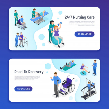 Physiotherapy rehabilitation clinic 2 isometric horizontal web banners with nursing care road to recovery info Free Vector
