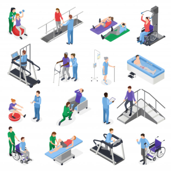 Physiotherapy rehabilitation clinic isometric elements set with nursing staff treatment equipment simulators patient recovery Free Vector