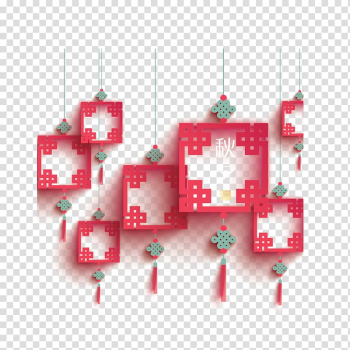 Pink and green hanging decor , Papercutting Lantern Chinese New Year Mid-Autumn Festival, Mid-flat paper-cut style transparent background PNG clipart
