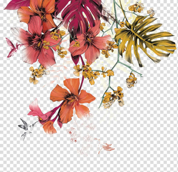 Pink and orange flowers illustration, Floral design Flower Watercolor painting Mural Illustration, Textile painted floral patterns transparent background PNG clipart