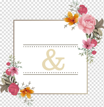 Pink and yellow roses and lily flowers border illustration, Wedding invitation Greeting card Get-well card E-card , Pink fresh flower frame transparent background PNG clipart