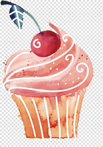 Pink cupcake with cherry illustration, Cupcake Birthday cake Rice cake Red velvet cake Dessert, Hand-painted cartoon cupcakes transparent background PNG clipart