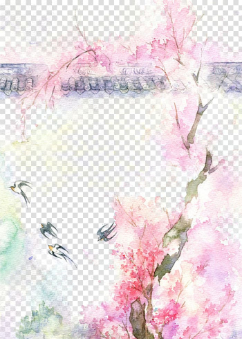 Pink flowering tree background template, Watercolor painting Drawing, Antiquity beautiful watercolor illustration transparent background PNG clipart