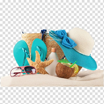 Pink framed sunglasses, brown starfish, pair of green flip-flops, and beige and teal sun hat on sand, Juice , beach transparent background PNG clipart