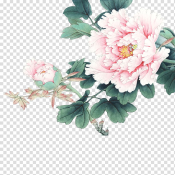 Pink peony flowers illustration, Gongbi Moutan peony Chinese painting Inkstick, peony transparent background PNG clipart