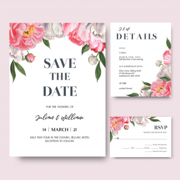 Pink peony  flowers watercolor bouquets invitation card, save the date Free Vector