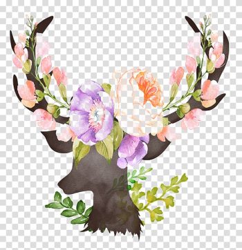 Pink, purple, and black buck with flowers illustration, Red deer Computer file, deer transparent background PNG clipart