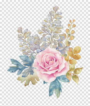 Pink rose and green leaves illustration, Pink flowers Pink flowers, Pink flowers watercolor transparent background PNG clipart
