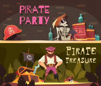 Pirate banners collection of two horizontal cartoon style compositions with pirate clothing items and rum bottles Free Vector