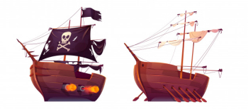 Pirate ship and slave galley with oars isolated Free Vector