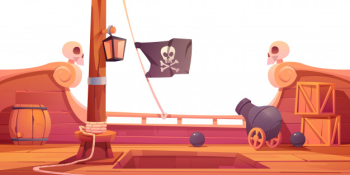 Pirate ship wooden deck onboard view with cannon Free Vector