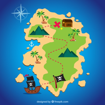 Pirate treasure map with boat and elements Pirate treasure map with boat and elements