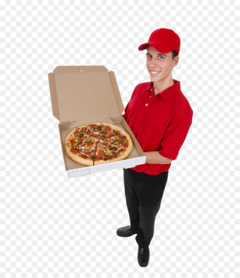Pizza delivery Take-out Stock photography - Pizza delivery courier in red 