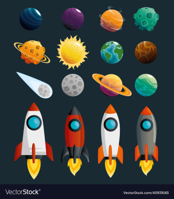 planets and rockets of the solar system scene