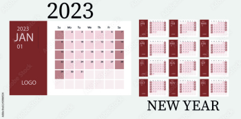 planner 2023 Calendar template design for 2023. The week starts on Sunday, a red and brown office calendar for business. Corporate or business calendar. English calendar 2023 year vector layout.