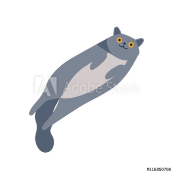 Playful gray smiling cartoon british cat lying isolated on white Playful gray smiling cartoon british cat lying isolated on white
