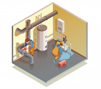 Plumbers boiler leak fixing isometric composition Free Vector
