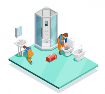 Plumbers in modern bathroom isometric image Free Vector Plumbers in modern bathroom isometric image Free Vector
